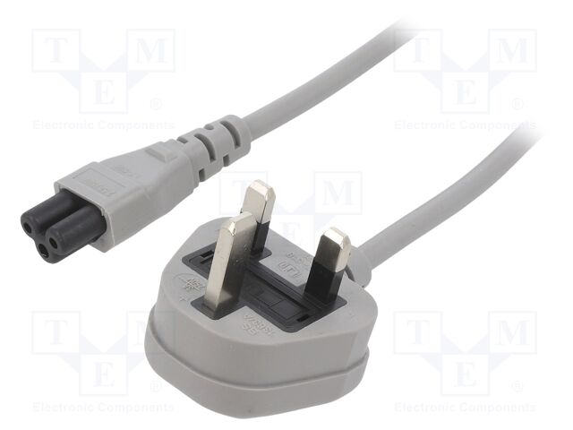 Cable; BS 1363 (G) plug,IEC C5 female; PVC; 3m; grey; 3x0,75mm2