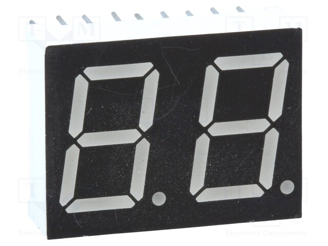 Display: LED; 7-segment; 14.22mm; 0.56"; No.char: 2; green; 6mcd