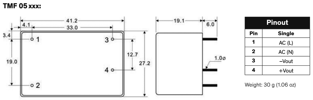 Converter: AC/DC; 5W; Uout: 15VDC; Iout: 333mA; 82%; Mounting: PCB