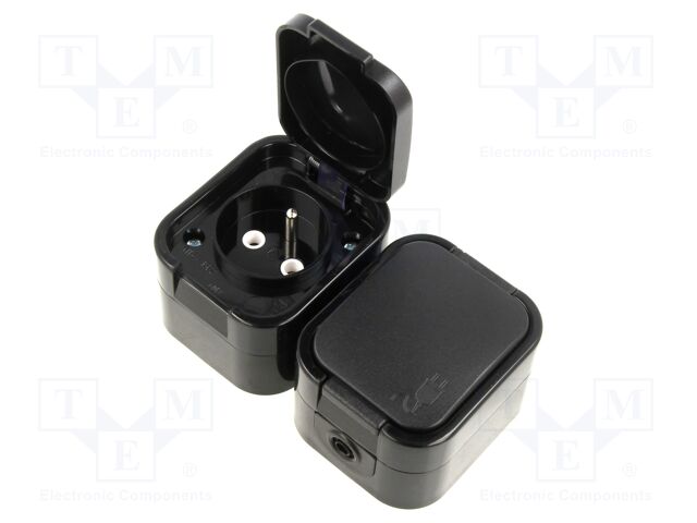 Connector: AC supply; socket; 2P+PE; 250VAC; 16A; black; wall mount