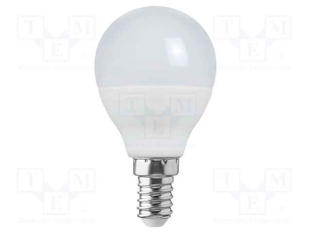 LED lamp; white cold; E14; 220÷240VAC; 600lm; P: 6.5W; 180°; 6500K