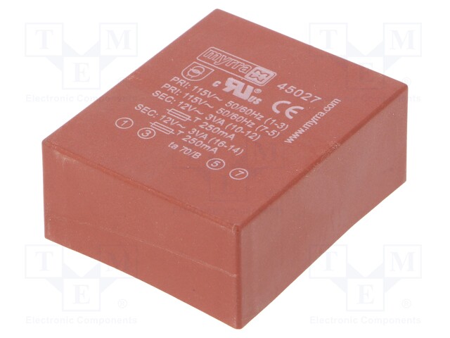 Transformer: encapsulated; 6VA; 115/230VAC; 12V; 12V; 250mA; 250mA