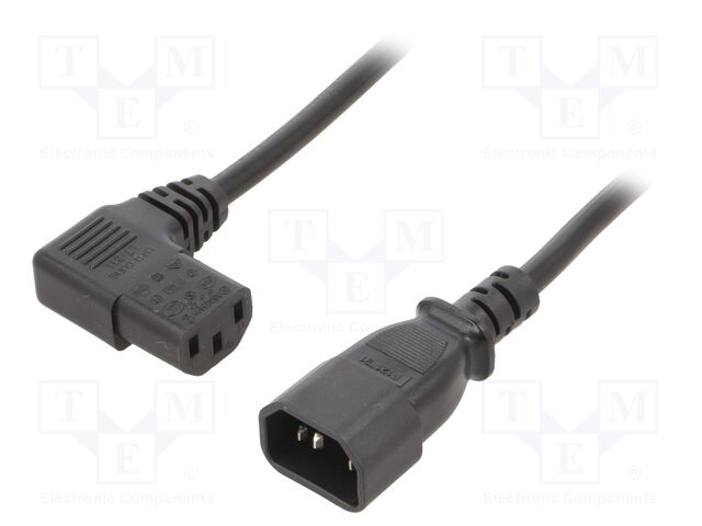 Cable; 3x0.75mm2; IEC C13 female 90°,IEC C14 male; PVC; 1m; black