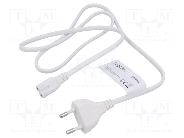 Cable; CEE 7/16 (C) plug,IEC C7 female; 1m; white; 2.5A; 230V