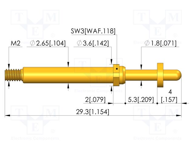 Test needle; Spring compression: 4mm; 5mm; 8A; CuBe; gold-plated