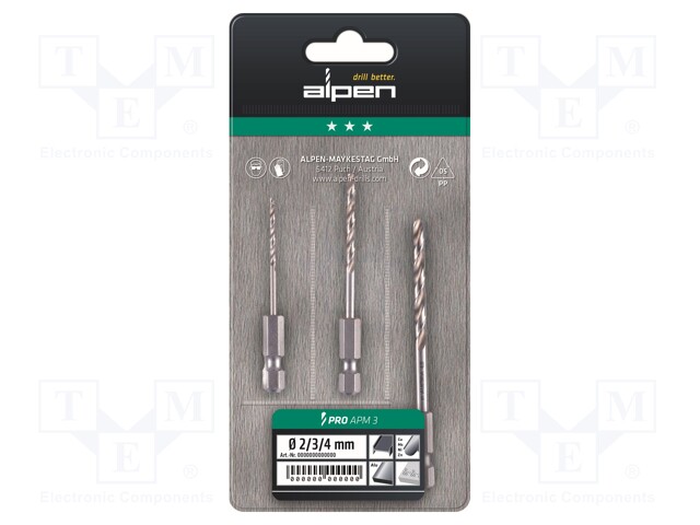 Drill set; for concrete; 2mm,3mm,4mm; 3pcs.