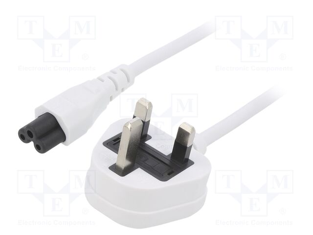 Cable; BS 1363 (G) plug,IEC C5 female; PVC; 5m; white; 3x0,75mm2