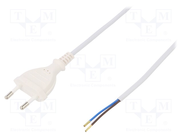 Cable; CEE 7/16 (C) plug,wires; 3m; white; PVC; 2x0,5mm2; 2.5A