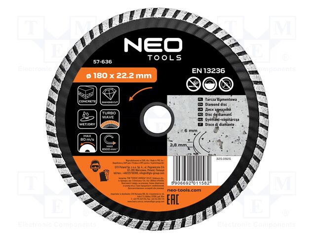 Cutting diamond wheel; Ø: 180mm; turbo; Holder: assembly hole