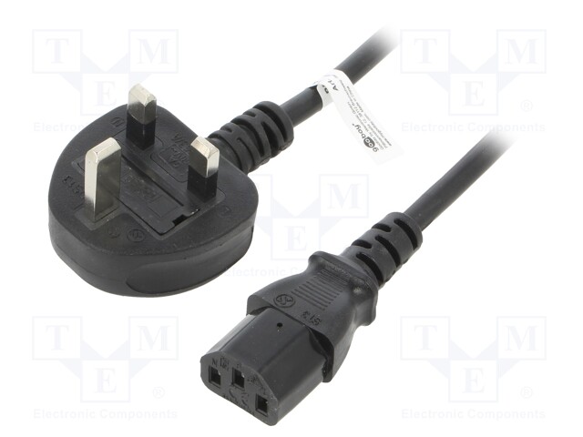 Cable; BS 1363 (G) plug 90°,IEC C14 male; PVC; 1.5m; black; 5A