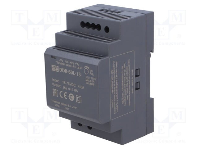 Power supply: DC/DC; 60W; 15VDC; 4A; 18÷75VDC; Mounting: DIN; 216g