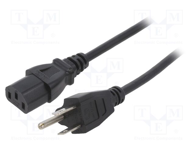 Cable; 3x18AWG; IEC C13 female,NEMA 5-15 (B) plug; PVC; 1m; black