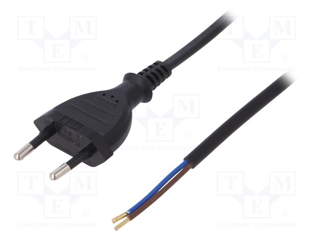 Cable; CEE 7/16 (C) plug,wires; 2m; black; PVC; 2x0,75mm2; 2.5A