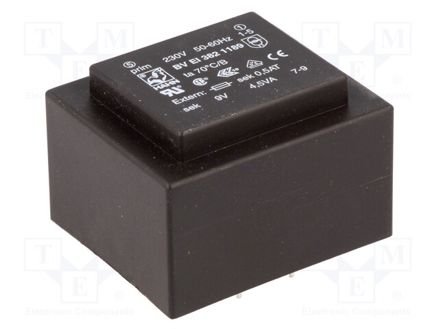 Transformer: encapsulated; 4.5VA; 230VAC; 9V; 500mA; Mounting: PCB