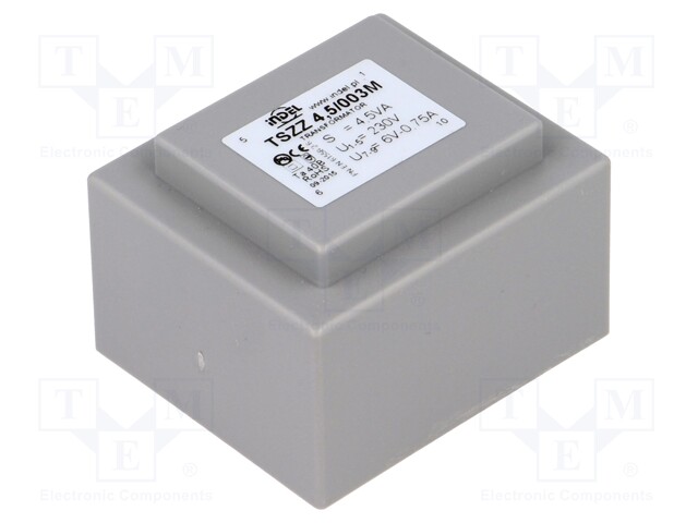 Transformer: encapsulated; 4.5VA; 230VAC; 6V; 0.75A; Mounting: PCB