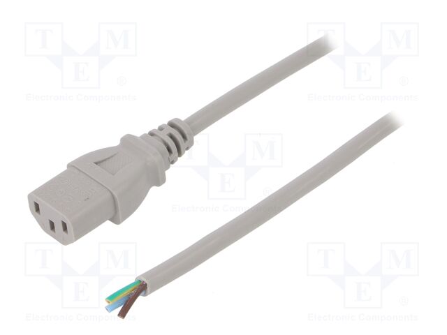 Cable; 3x0.75mm2; IEC C13 female,wires; PVC; 1.8m; grey; 10A; 250V