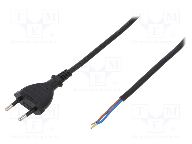 Cable; CEE 7/16 (C) plug,wires; 1.5m; black; PVC; 2x0,75mm2; 2.5A