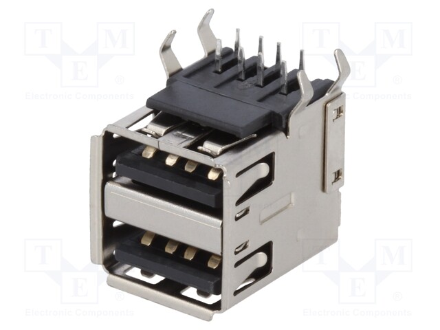 Socket; USB A; THT; angled 90°; double; USB 2.0; gold-plated