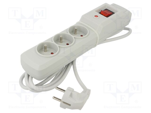 Plug socket strip: protective; Sockets: 3; 250VAC; 10A; grey