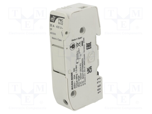 Fuse holder; cylindrical fuses; 8x32mm; DIN; 25A; 400VAC; 400VDC