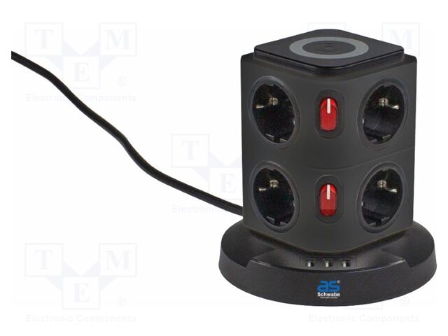 Extension lead; 3G1.5mm2; Sockets: 11; PVC; black; 2m; 16A