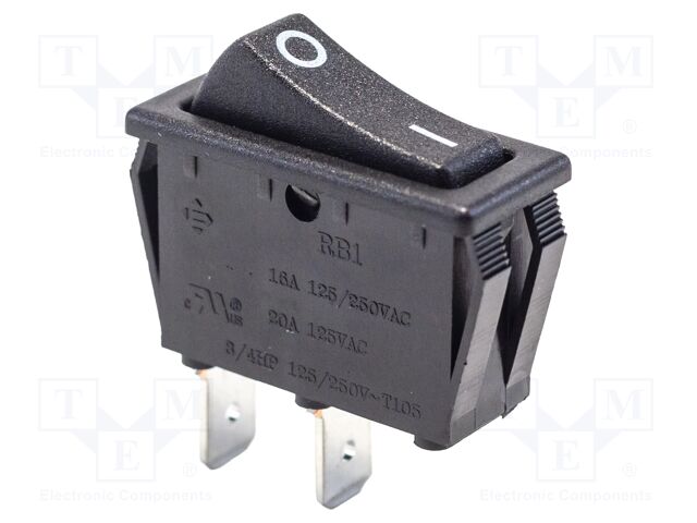 ROCKER; SPST; Pos: 2; OFF-ON; 16A/250VAC; black; Rcont max: 20mΩ