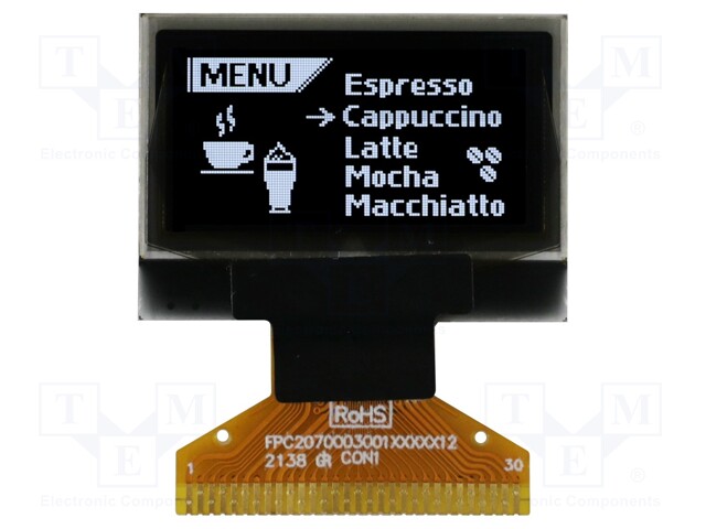 Display: OLED; graphical; 0.96"; 128x64; Dim: 26.7x19.26x1.26mm