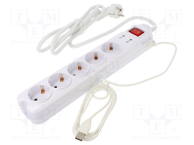 Plug socket strip: protective; Sockets: 5; 250VAC; 10A; white