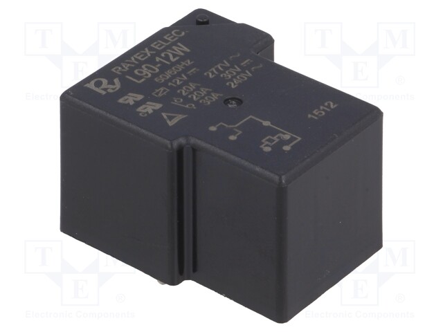 Relay: electromagnetic; SPDT; Ucoil: 12VDC; 30A; Series: L90; 900mW
