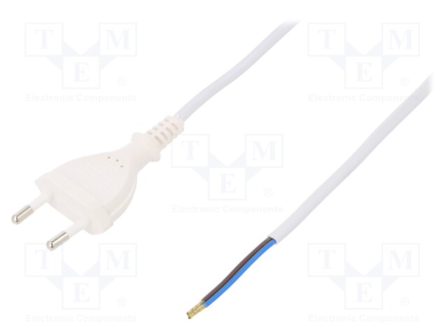 Cable; CEE 7/16 (C) plug,wires; 5m; white; PVC; 2x0,5mm2; 2.5A