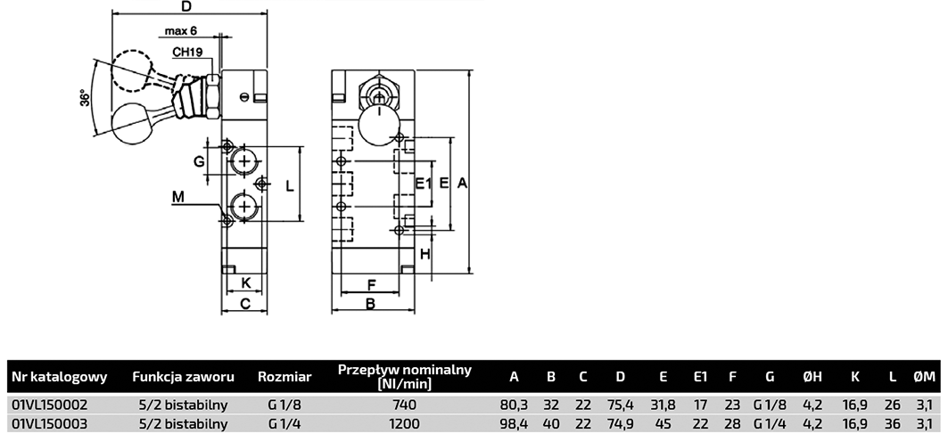Mechanical valve; 5/2 bistable; G 1/8"; Pressure: 0÷10bar
