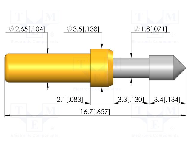 Test needle; Spring compression: 2.8mm; 3.3mm; 8A; CuBe; Ø: 2.3mm