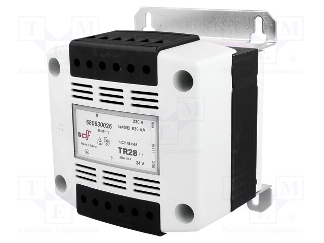 Transformer: safety; 630VA; 230VAC; 24V; IP20; Mounting: DIN; 7.6kg