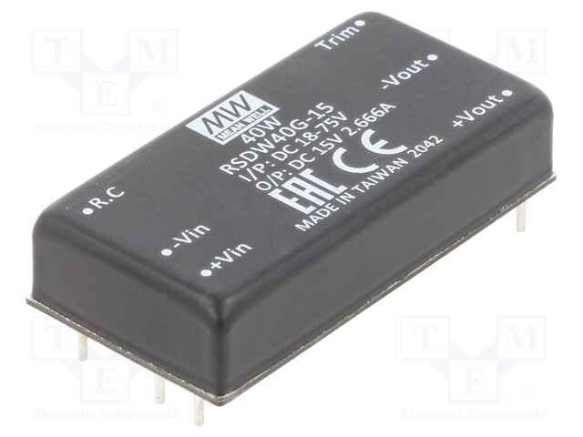 Converter: DC/DC; 40W; Uin: 18÷75V; Uout: 15VDC; Iout: 2.67A; 2"x1"