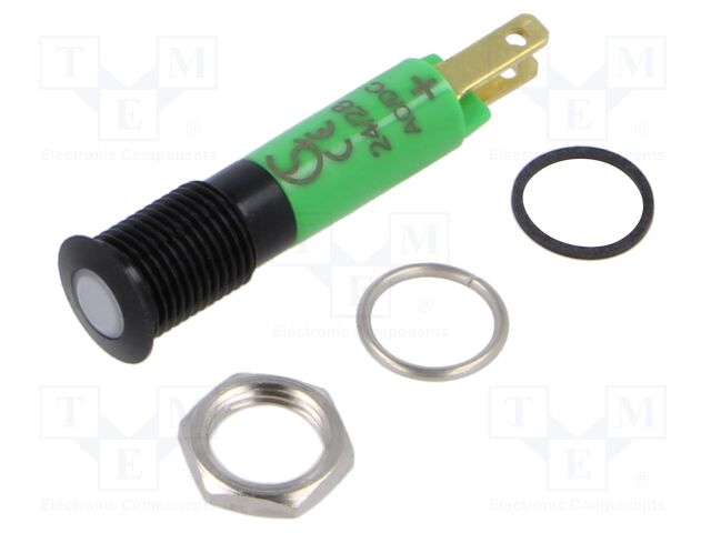 Indicator: LED; flat; green; 24÷28VDC; 24÷28VAC; Ø8mm; IP67; metal