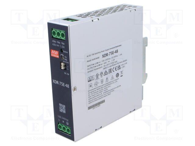 Power supply: switching; for DIN rail; 75W; 48VDC; 0÷1.6A; OUT: 1
