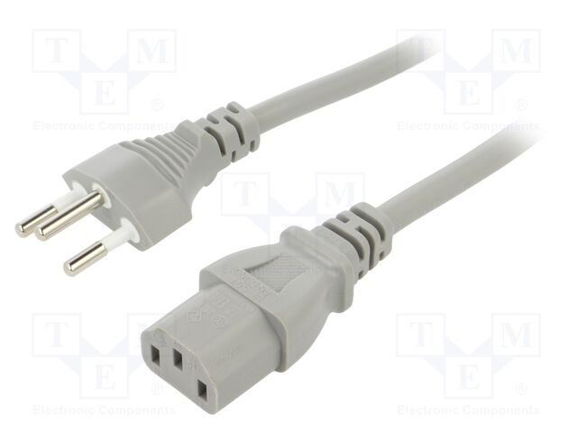 Cable; 3x1mm2; IEC C13 female,SEV-1011 (J) plug; PVC; 3m; grey