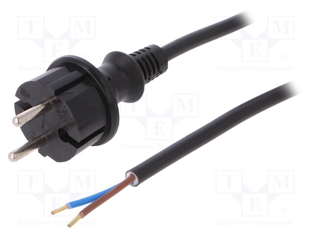 Cable; CEE 7/17 (C) plug,wires; 1.5m; black; PVC; 2x1,5mm2; 16A