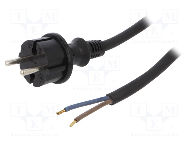 Cable; CEE 7/17 (C) plug,wires; 3m; black; rubber; 2x2,5mm2; 16A