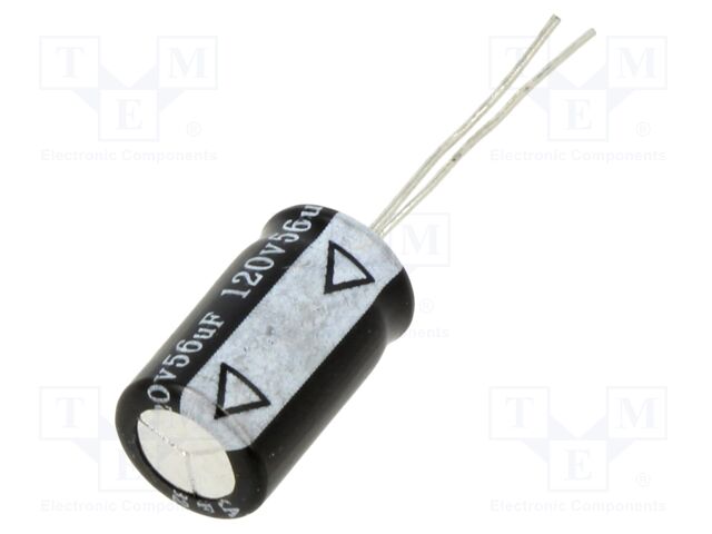 Capacitor: electrolytic; THT; 56uF; 120VDC; Ø10x16mm; ±20%; 285mA