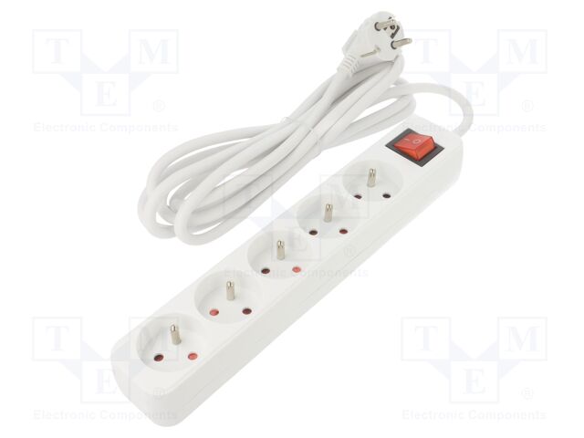 Extension lead; 3x1mm2; Sockets: 5; rubber; white; 3m; 10A