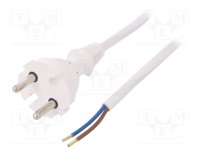 Cable; CEE 7/17 (C) plug,wires; 2m; white; PVC; 2x1mm2; 16A; 250V