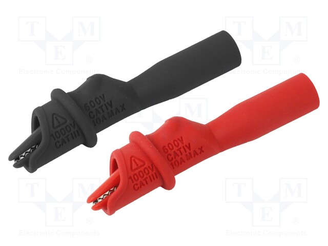Crocodile clip; 10A; black,red; Grip capac: max.9mm; L: 74.5mm