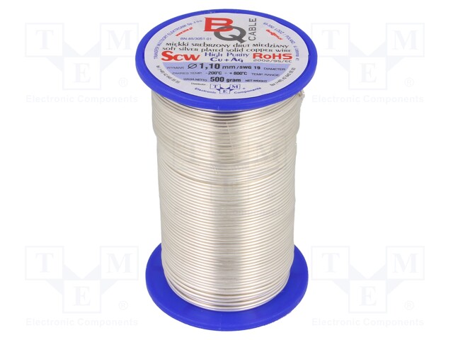 Silver plated copper wires; 1.1mm; 500g; 59m; -200÷800°C