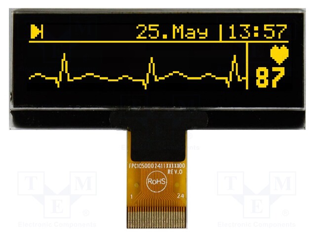 Display: OLED; graphical; 2.22"; 128x32; Dim: 62x24x2.35mm; yellow