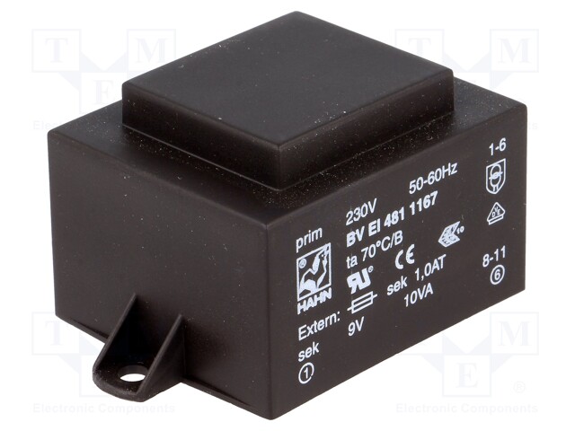 Transformer: encapsulated; 10VA; 230VAC; 9V; 1111mA; Mounting: PCB