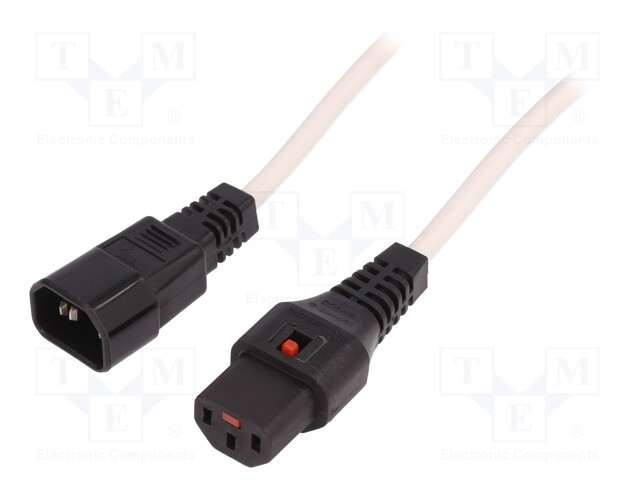 Cable; IEC C13 female,IEC C14 male; 3m; with locking; white; PVC