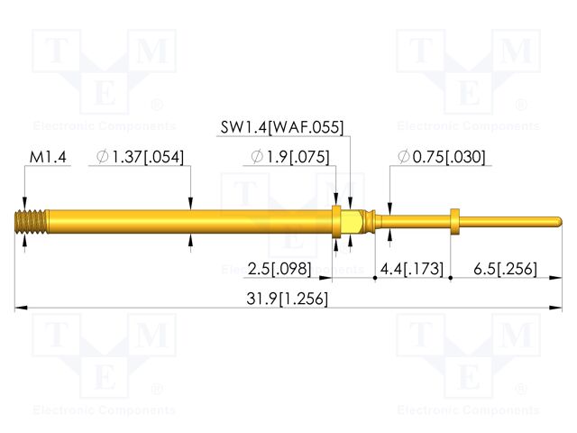 Test needle; Spring compression: 3.5mm; 4.4mm; 5A; CuBe; Ø: 0.6mm