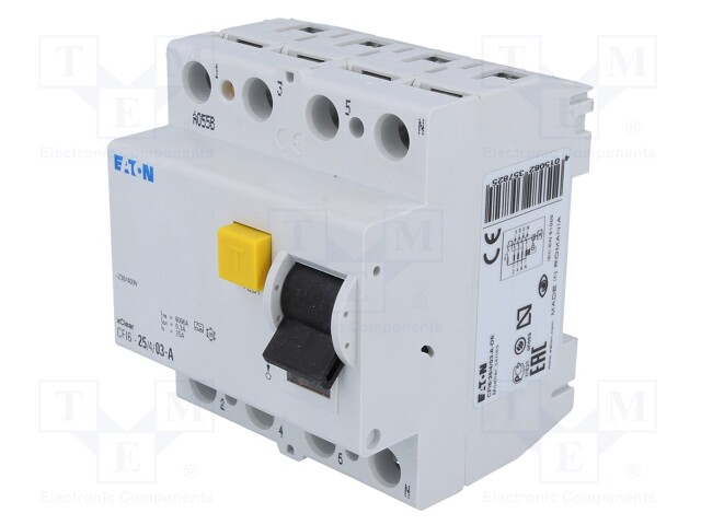 Breaker:RCD;Inom:25A;Ires:0.3A;Max surge current:250A;400VAC