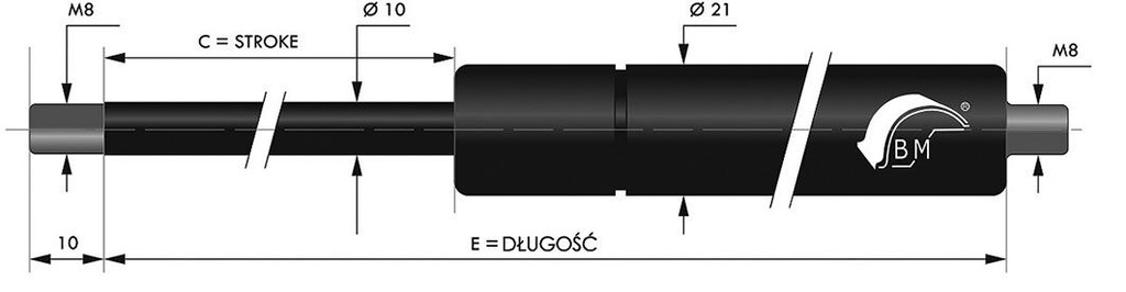 Gas spring; Thread: M8; E: 355mm; Øout: 21mm; Piston diam: 10mm; 700N